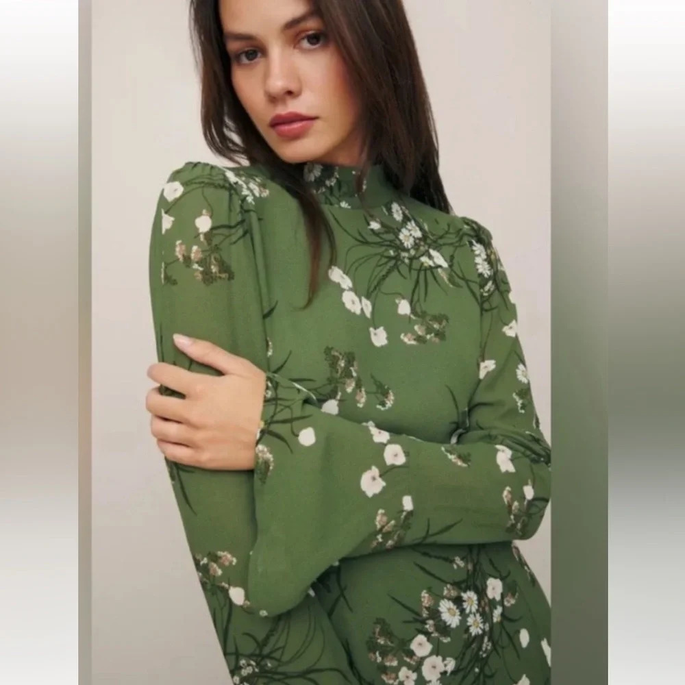 REFORMATION Lomita Green floral long sleeve open back PERSIS mini dress size 10. - Picture 2 of 16